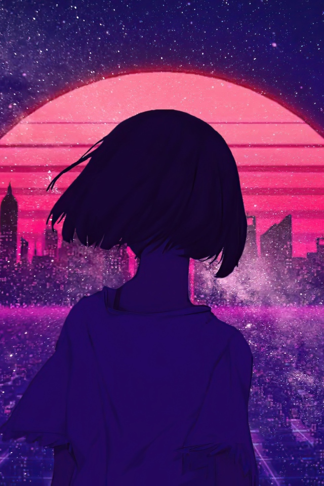 Девушка аниме на фоне ночного мегаполиса 