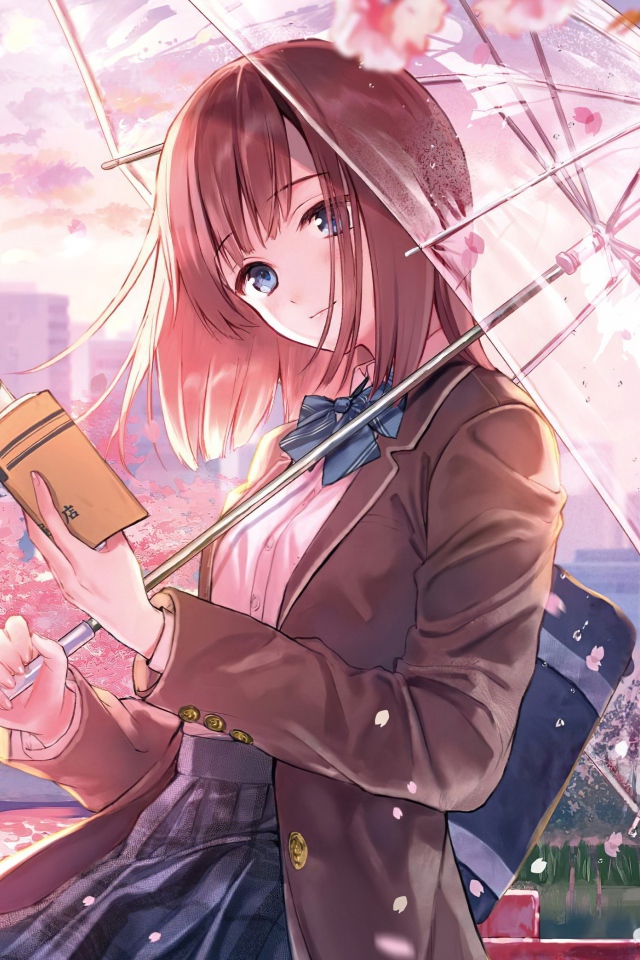 Девушка аниме с книгой и зонтом в руке 