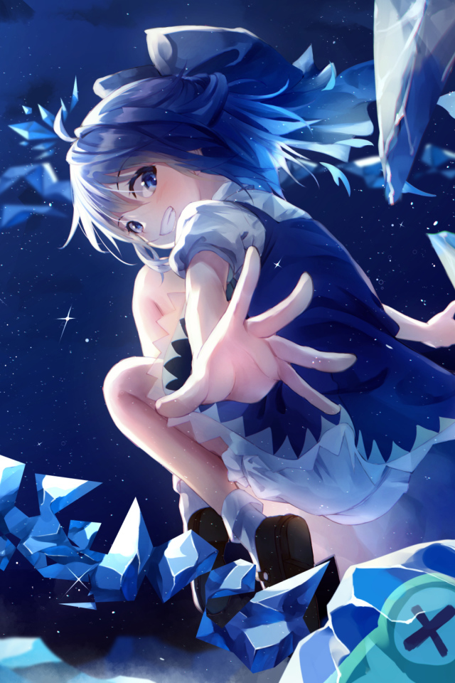 Девушка аниме с голубыми волосами бросает кристаллы 