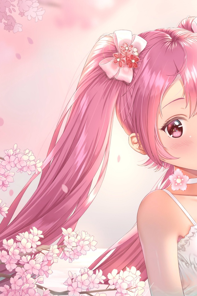 Девушка аниме с розовыми волосами в белом платье 