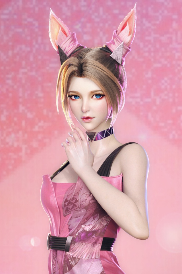 Девушка аниме с ушами белки на розовом фоне