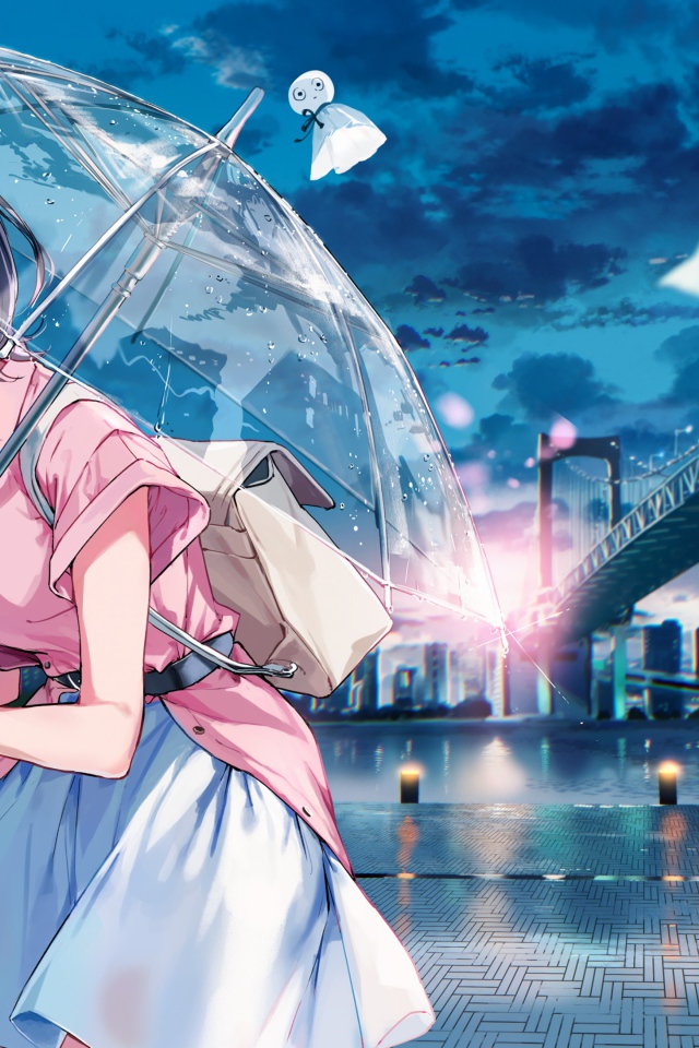 Девушка аниме с зонтом на мосту 