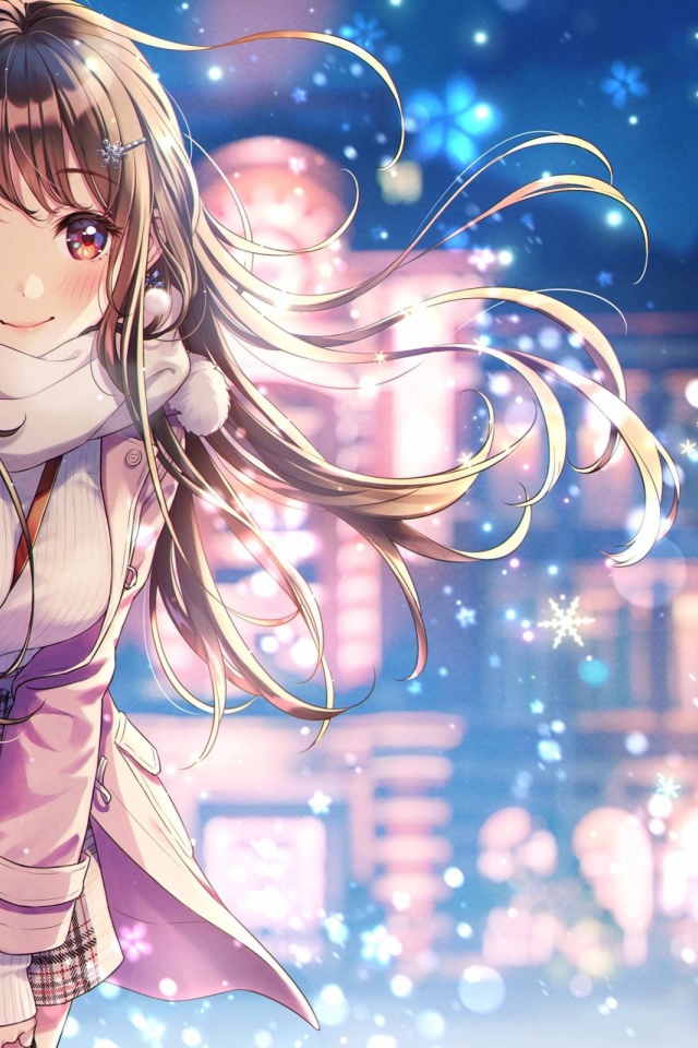 Девушка азиатка с длинными волосами зимой на улице