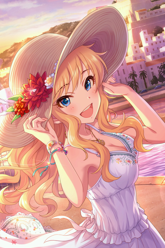 Красивая девушка аниме в шляпке у реки 