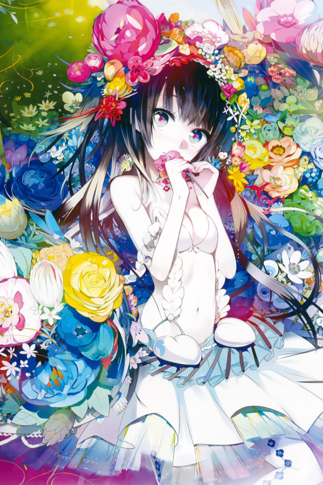 Beautiful anime girl in flowers