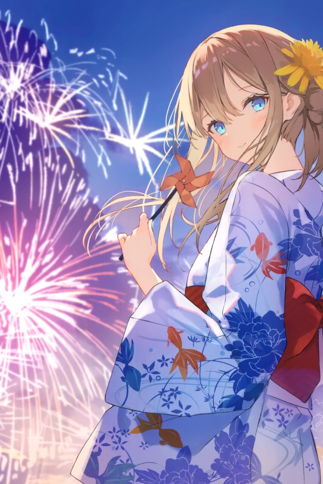 Красивая девушка аниме в кимоно на фоне салюта