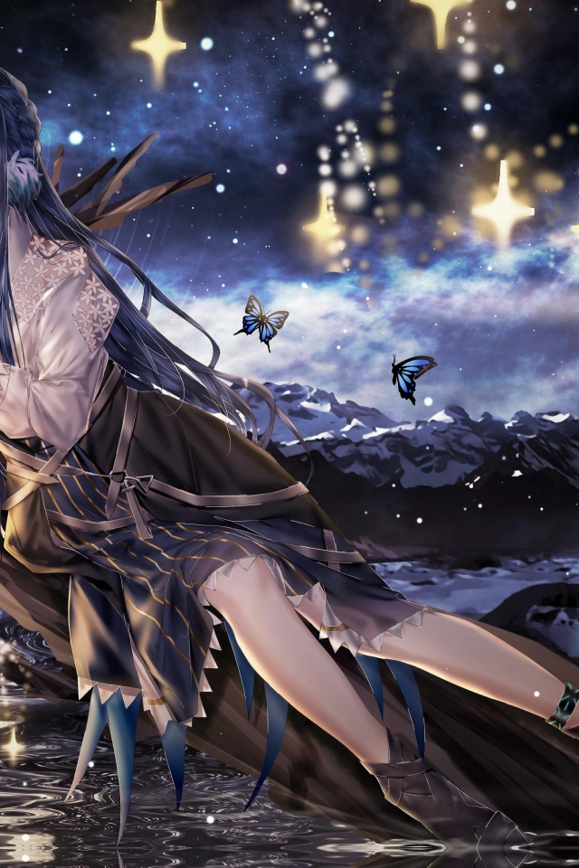 Красивая девушка аниме лежит на дереве у воды