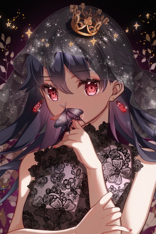 Красивая девушка аниме с бабочкой на пальце