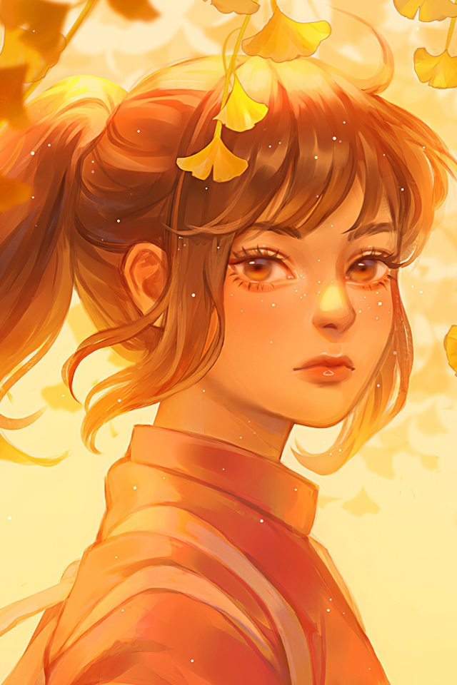 Красивое лицо девушки аниме на фоне листьев 