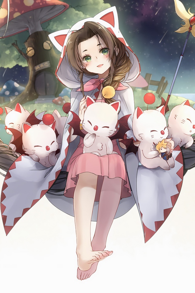 Милая девушка аниме с котятами на белом фоне