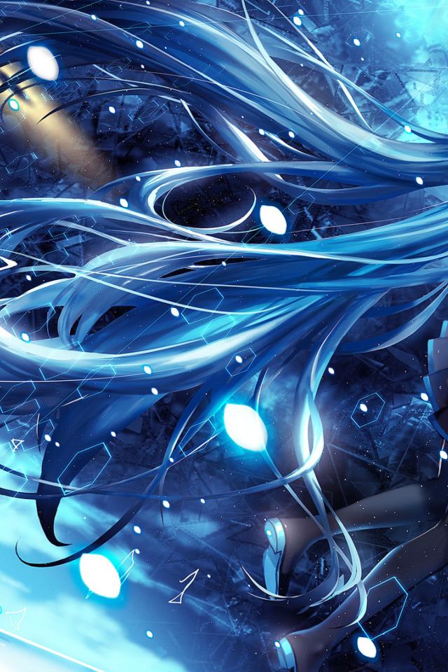 Девушка аниме Мику Хацунэ с длинными голубыми волосами  в космосе