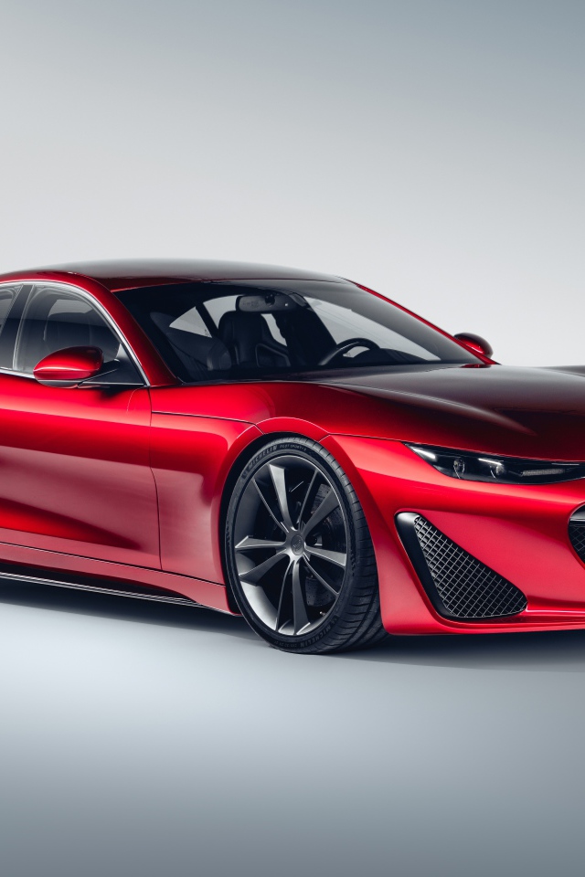 Красный автомобиль  Drako GTE, 2020 года на сером фоне вид спереди
