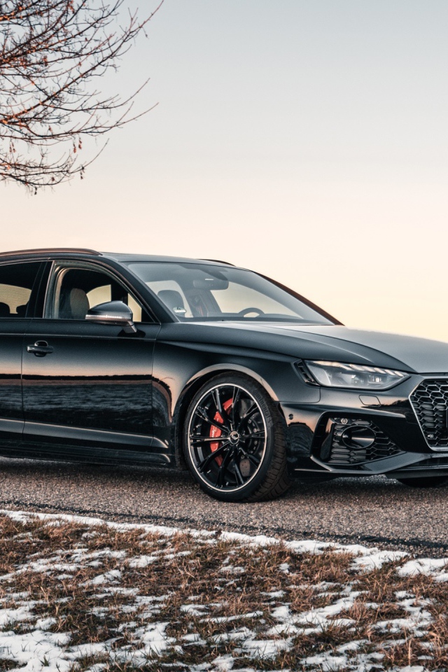 Черный автомобиль  Audi RS 4 Avant 2020 года на дороге у дерева
