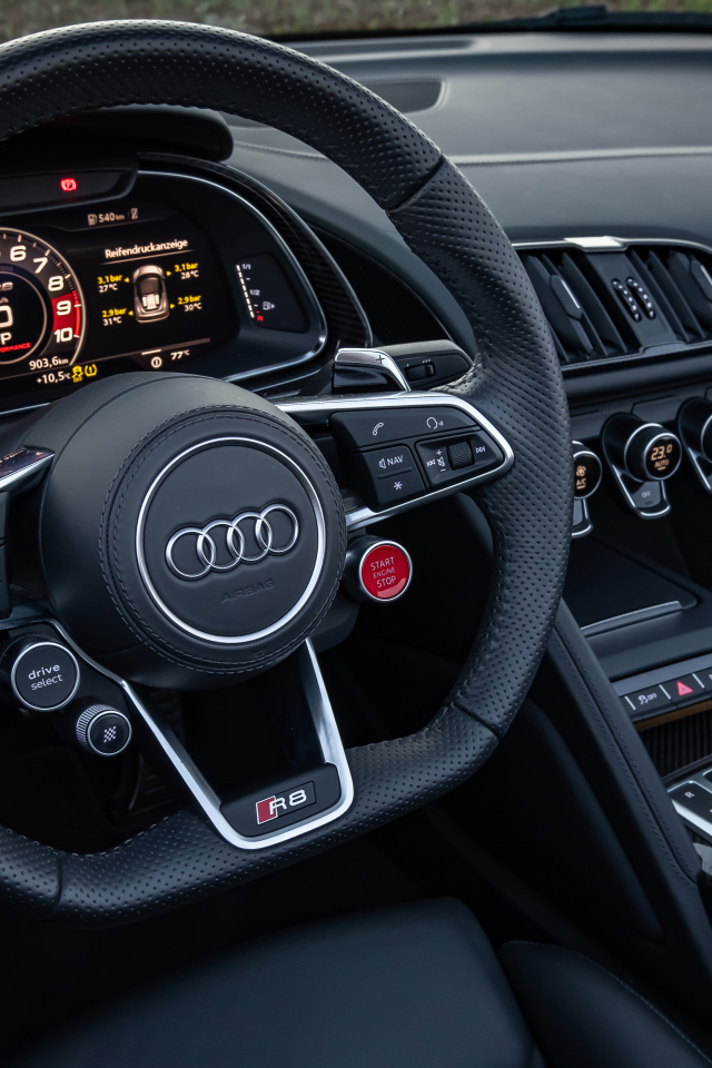 Черный кожаный руль в автомобиле Audi R8 V10