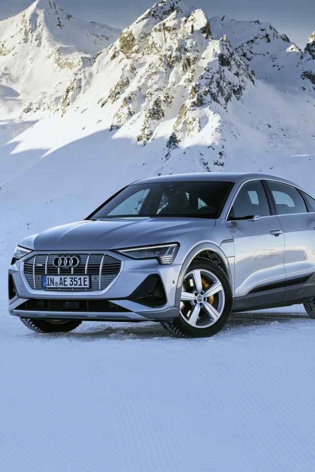 Автомобиль Audi E-Tron 55 Quattro Sportback S Line, 2020 года на фоне заснеженных гор 
