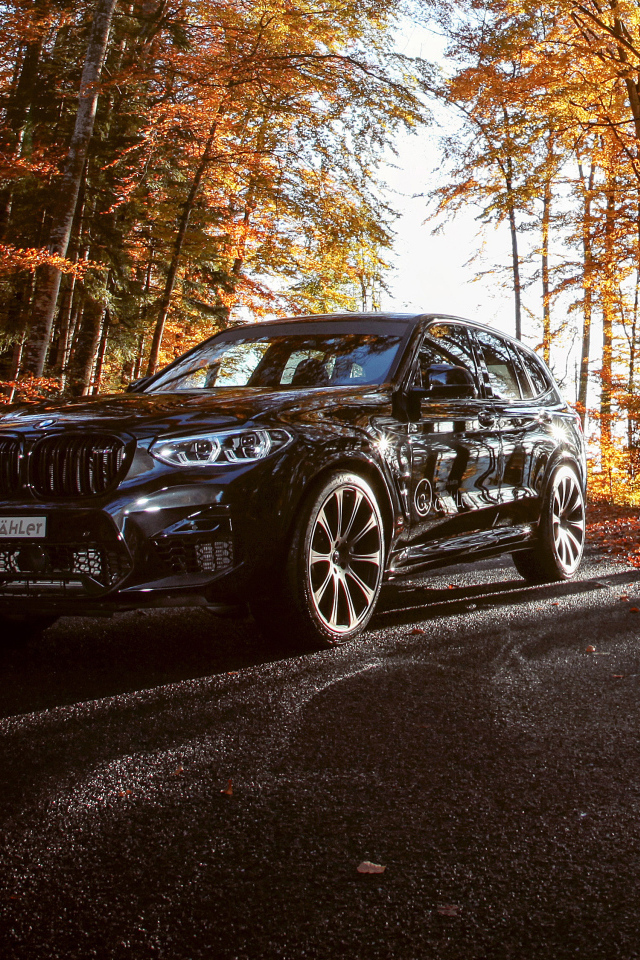 Черный автомобиль BMW X3 M Competition Line 2019 года в осеннем лесу