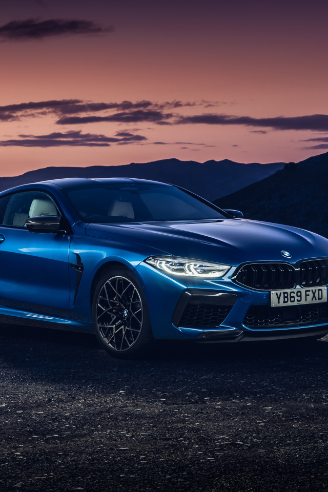 Синий автомобиль BMW M8 Competition Coupe 2019 года на фоне гор