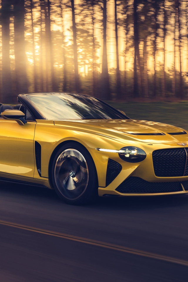Желтый автомобиль Bentley Mulliner Bacalar 2020 года на трассе 