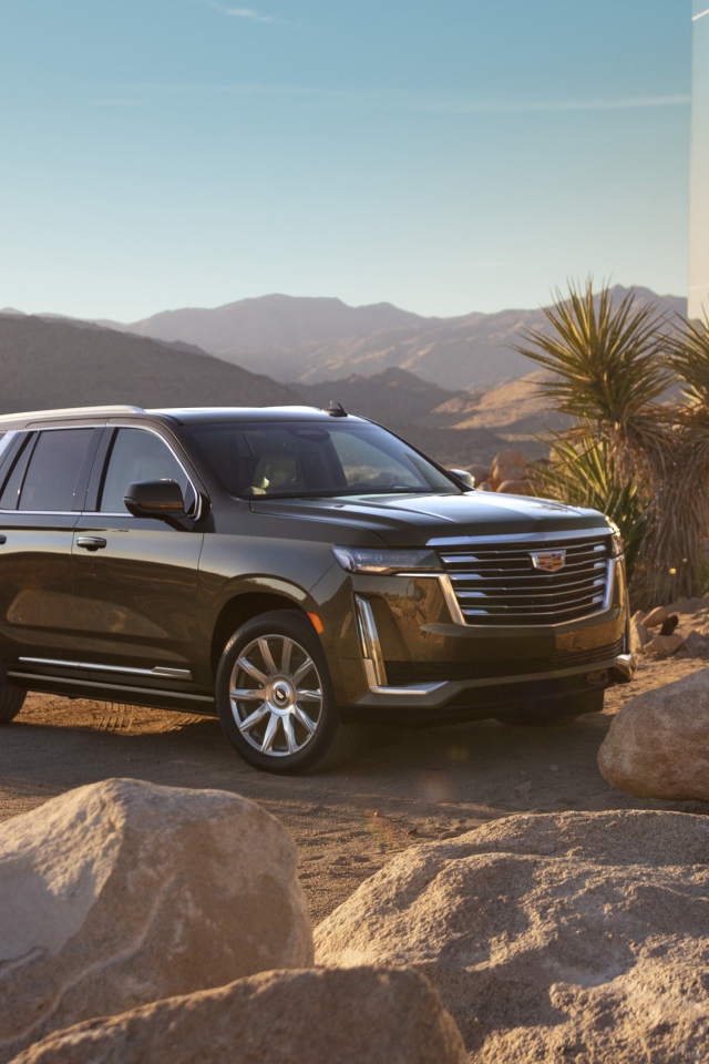 Черный внедорожник  Cadillac Escalade Platinum Luxury, 2021 года у камней