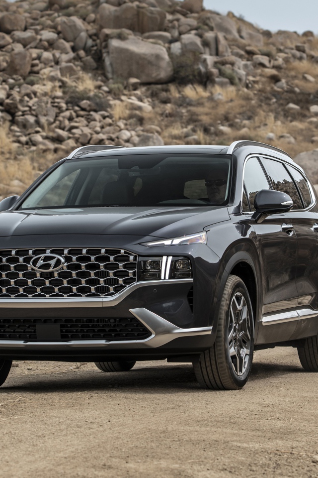 Черный автомобиль  Hyundai Santa Fe Hybrid, 2021 года у камней