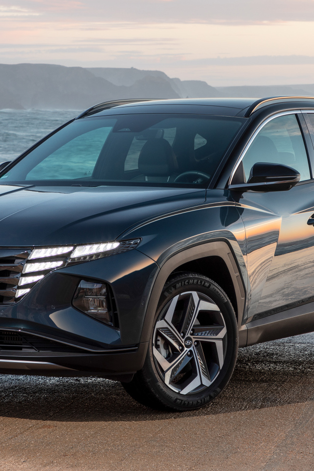 Черный автомобиль Hyundai Tucson Hybrid 2021 года у океана