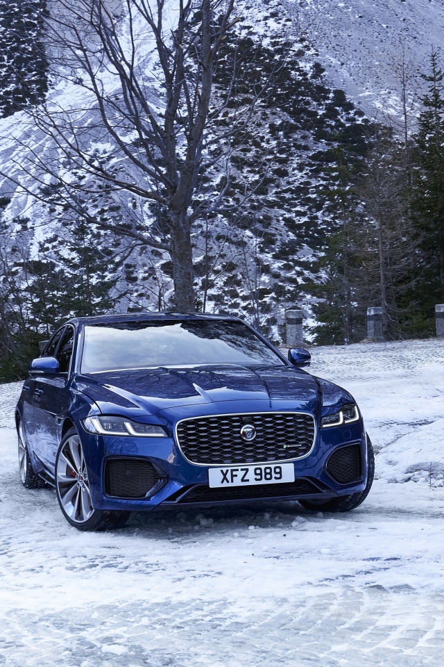 Синий автомобиль Jaguar XF зимой на фоне горы 
