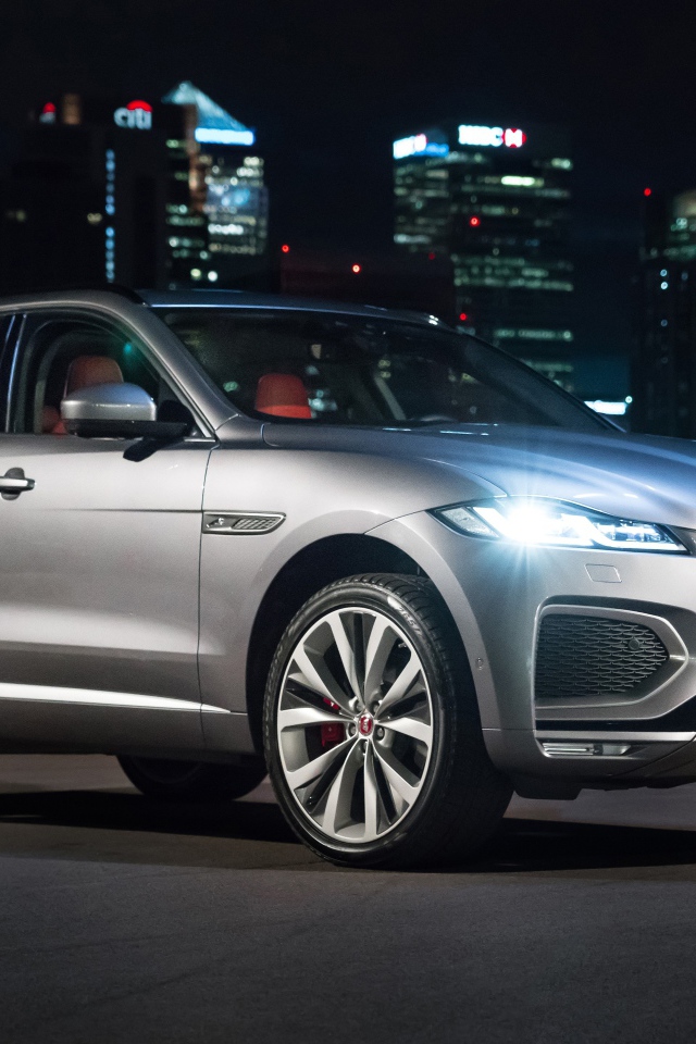 Серебристый Jaguar F-Pace R-Dynamic 2020 года на фоне ночного мегаполиса 