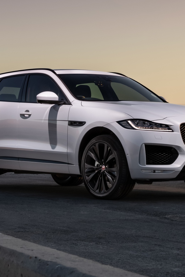 Белый внедорожник Jaguar F-Pace 25d AWD Chequered Flag 2020 года у воды