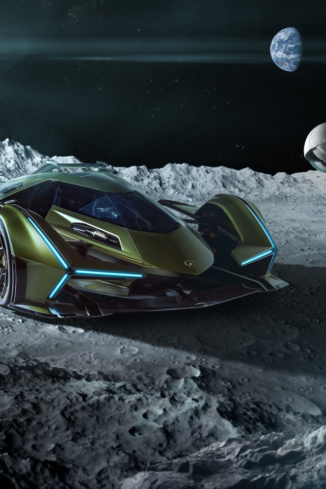 Спортивный автомобиль Lamborghini Lambo V12, 2019 года на поверхности луны