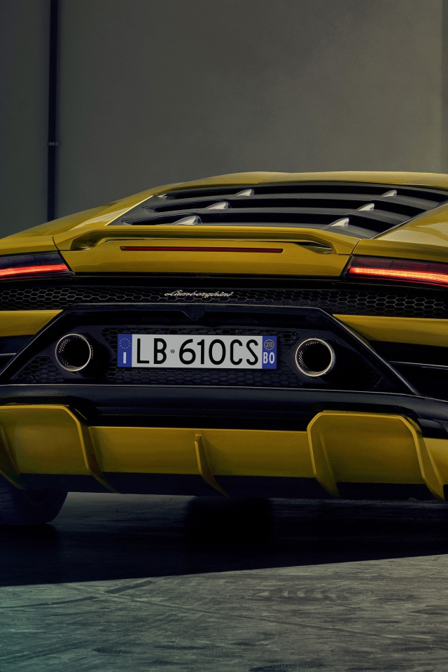 Желтый спортивный Lamborghini Huracan EVO RWD 2020 года вид сзади