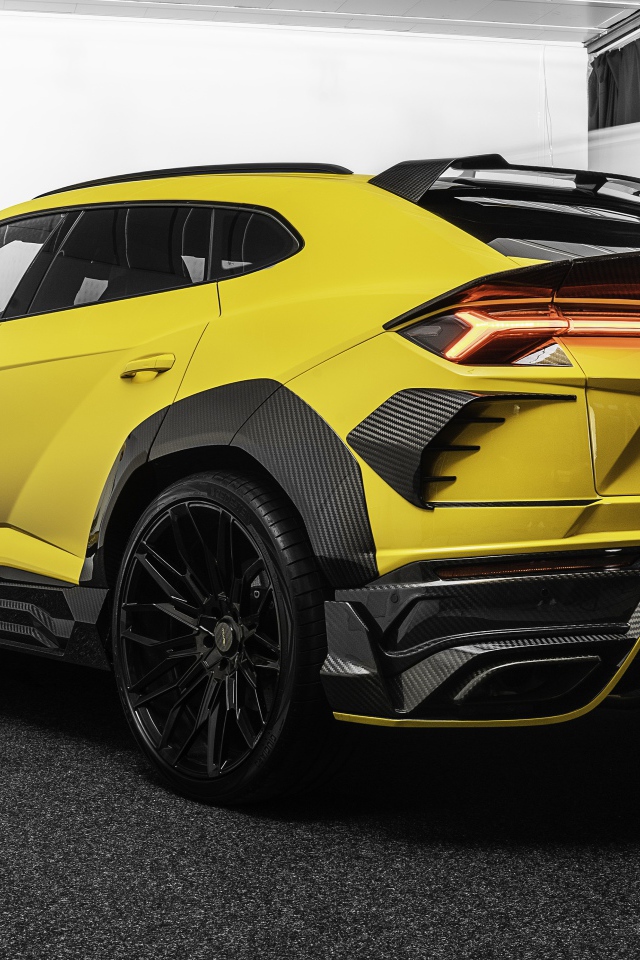 Желтый автомобиль  Lamborghini Keyrus 2020 года вид сзади 