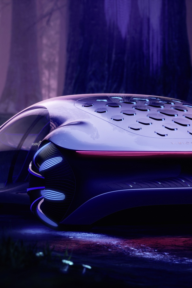 Неоновый автомобиль Mercedes-Benz VISION AVTR 2020 года в лесу