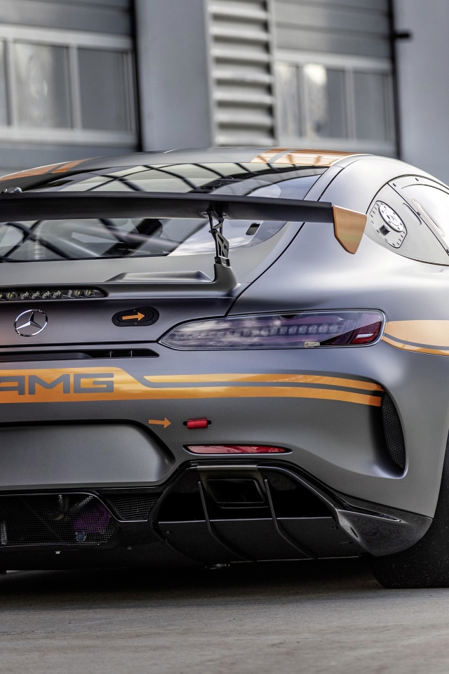 Серебристый автомобиль Mercedes-AMG GT4 2020 года вид сзади
