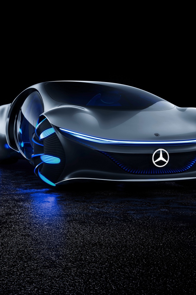 Футуристический автомобиль Mercedes-Benz VISION AVTR 2020 года на черном фоне