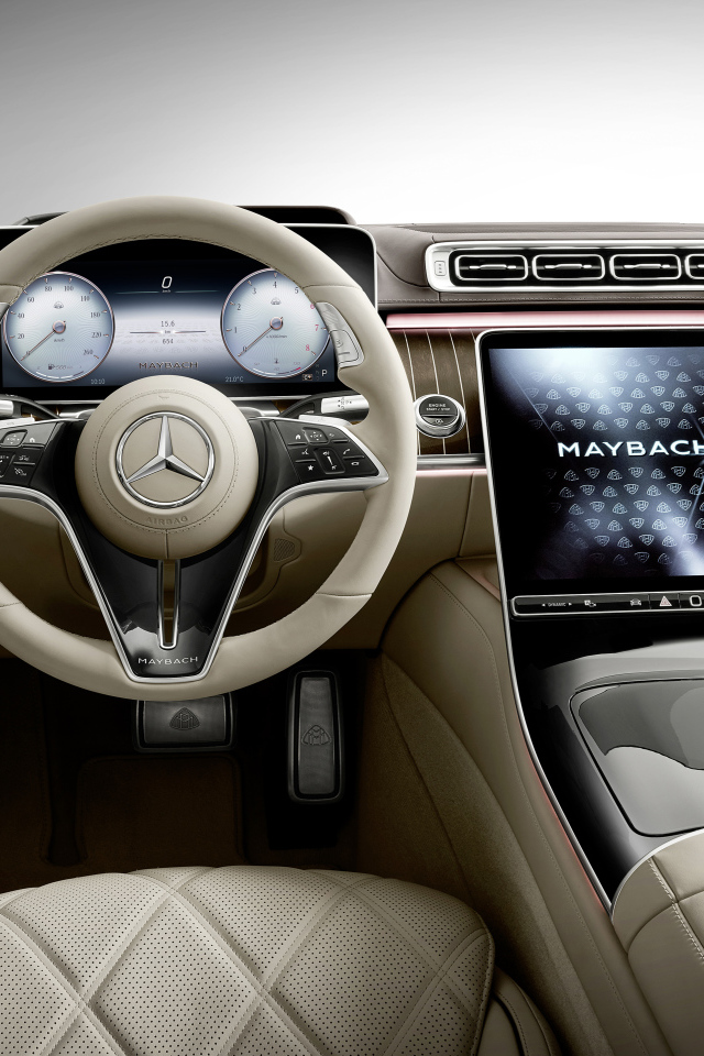 Stylish leather interior of the car Mercedes-Maybach S 580, 2021
