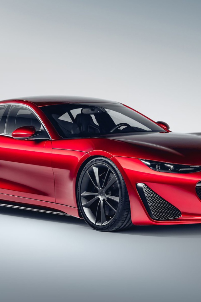 Красный автомобиль Drako GTE, 2020 года на сером фоне