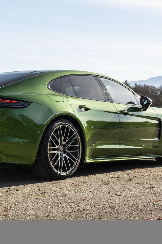 Зеленый автомобиль Porsche Panamera 4S 2021 года вид сзади