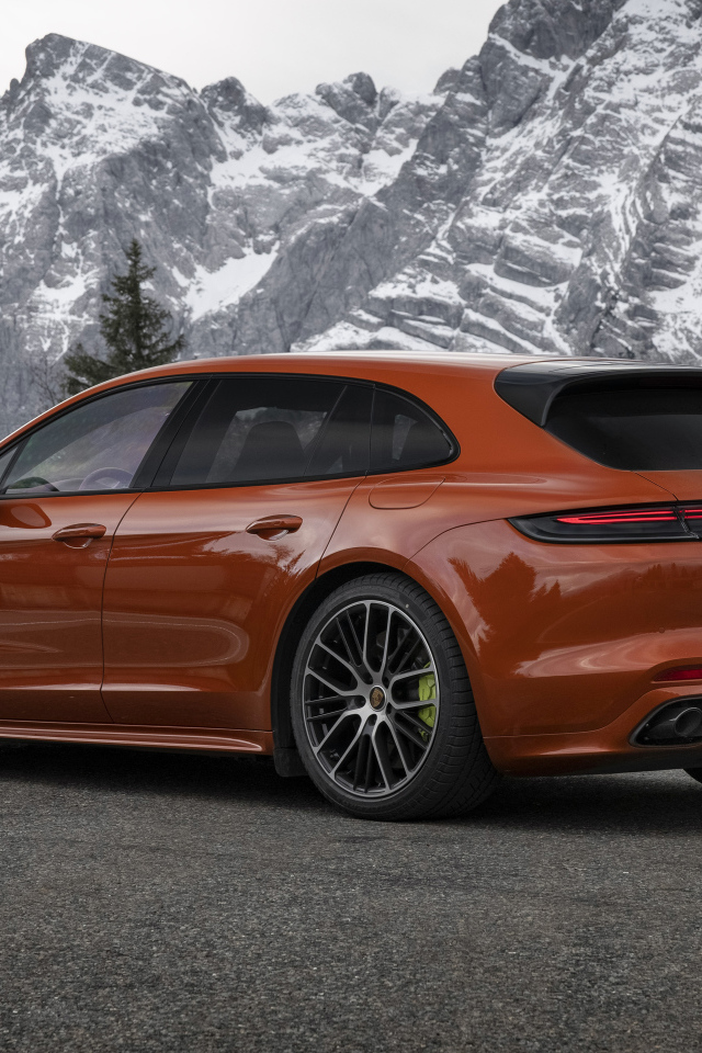 Красный автомобиль Porsche Panamera 4 E-Hybrid 2021 года на фоне гор