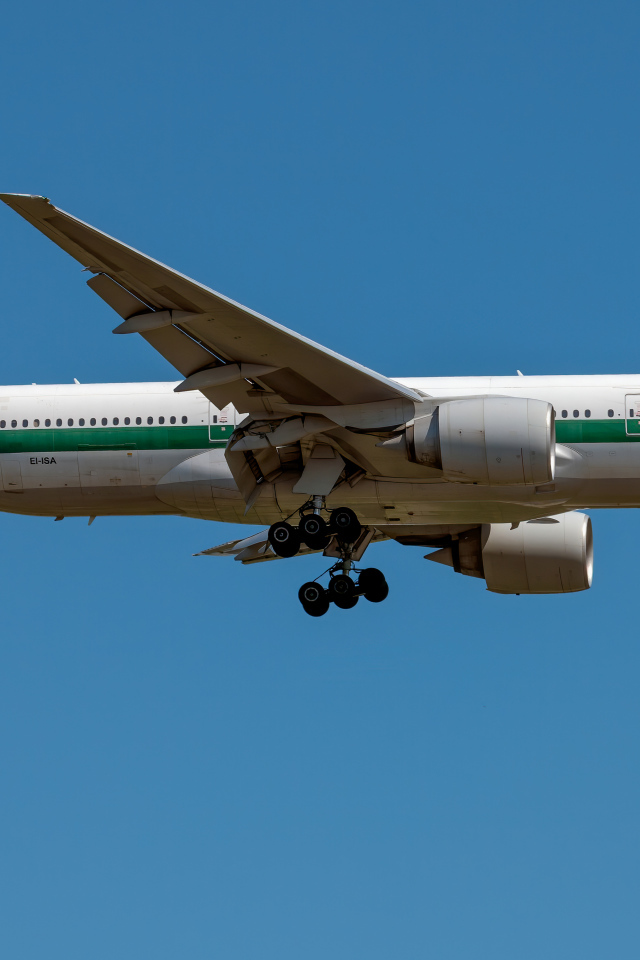 Пассажирский  самолет авиакомпании Alitalia в голубом небе 