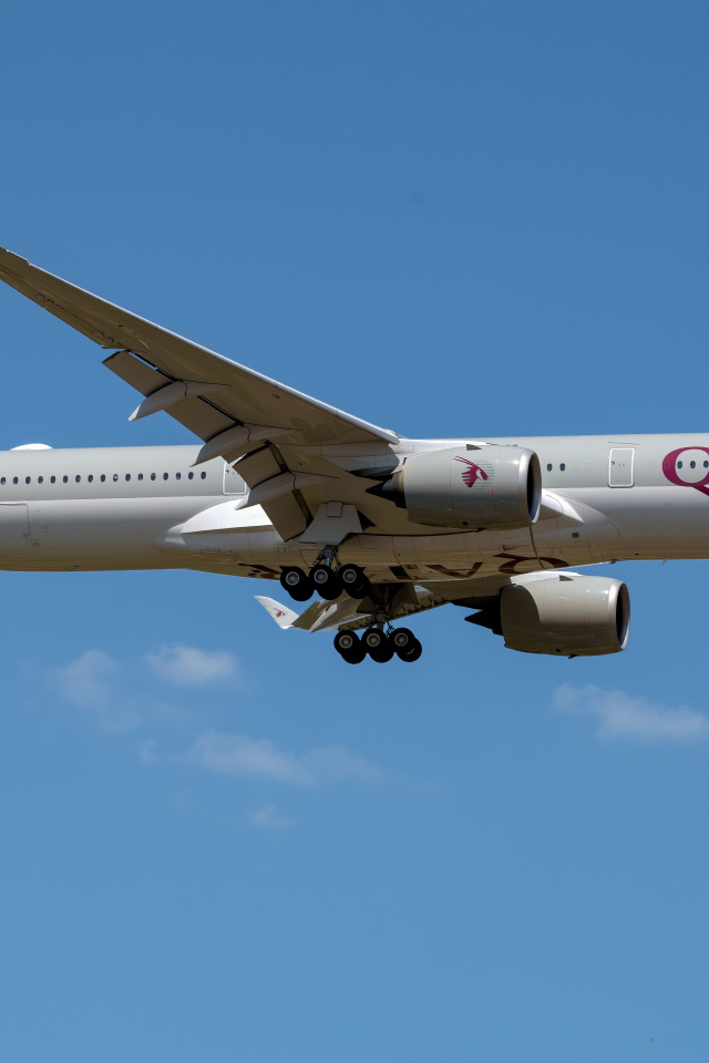 Пассажирский аэробус  A350-1000 авиакомпании Qatar в голубом небе 