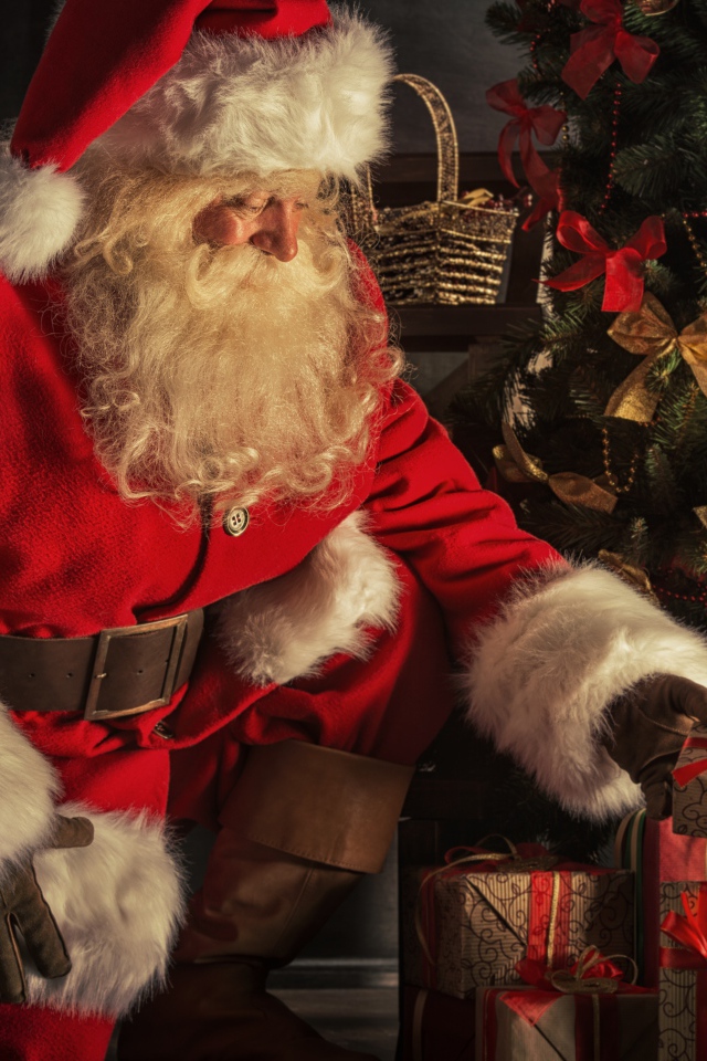 Санта Клаус прячет подарки под елкой на Рождество 