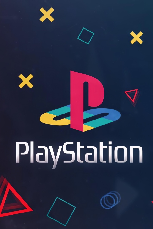 Логотип PlayStation на синем фоне с геометрическими фигурами
