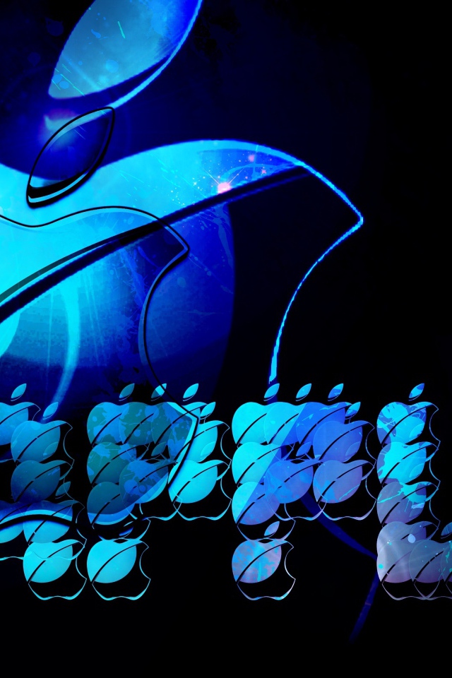 Синий неоновый логотип Apple на черном фоне