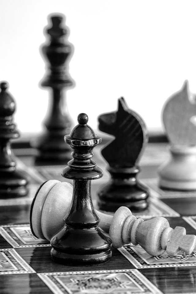 Черные и белые шахматные фигуры на доске 