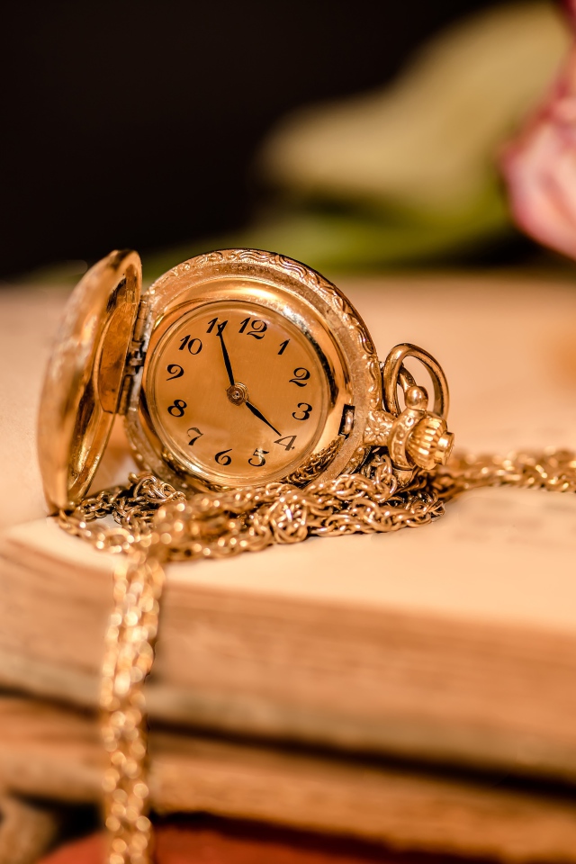 Золотые женские часы на цепочке лежат на книге
