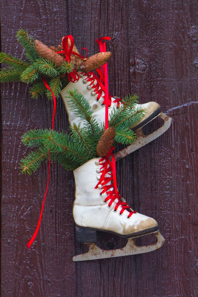 Old skates with fir branches on the door