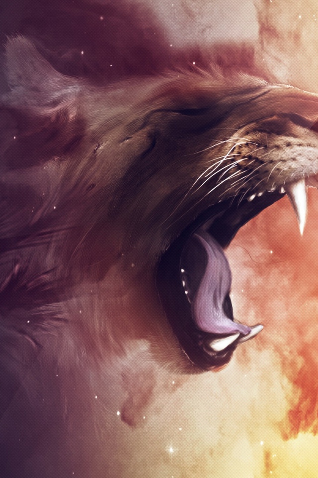 Painted lion yawns on a fiery background