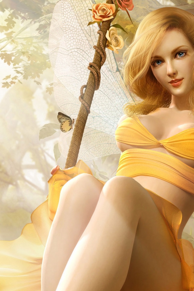 Красивая девушка эльф катается на качели