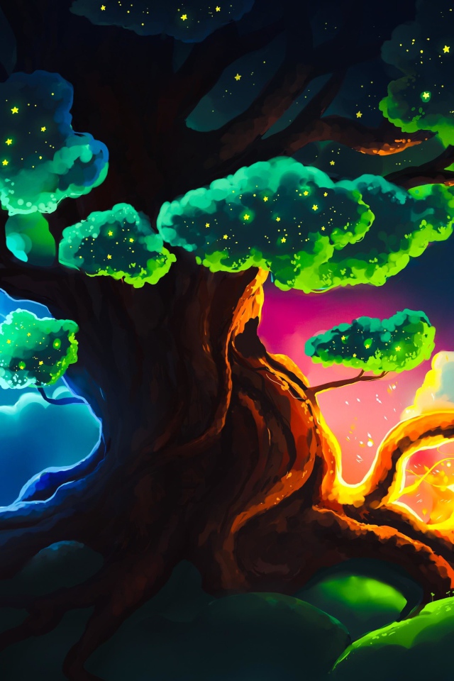 Большое фантастическое дерево ночью
