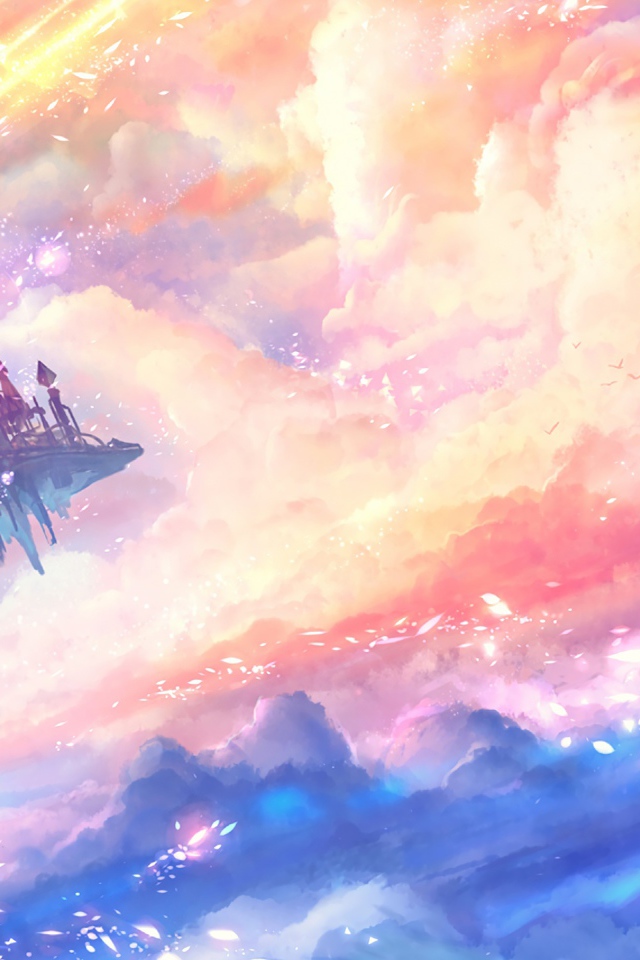 Фантастический замок на летающем острове в небе 